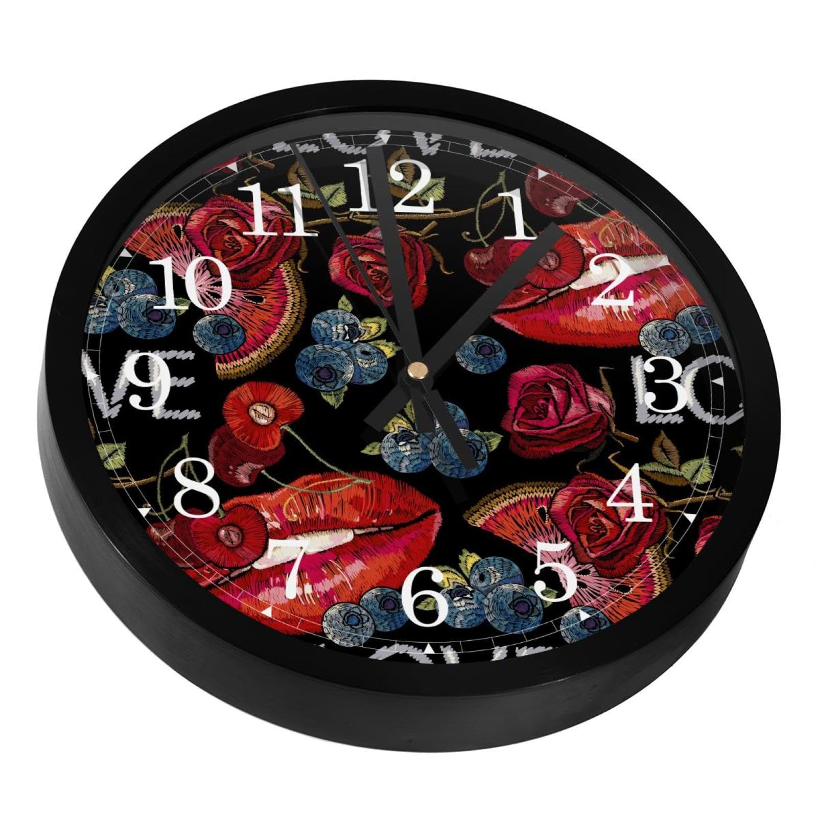 Horloge murale silencieuse broderie rouge à lèvres et pastèque décorative