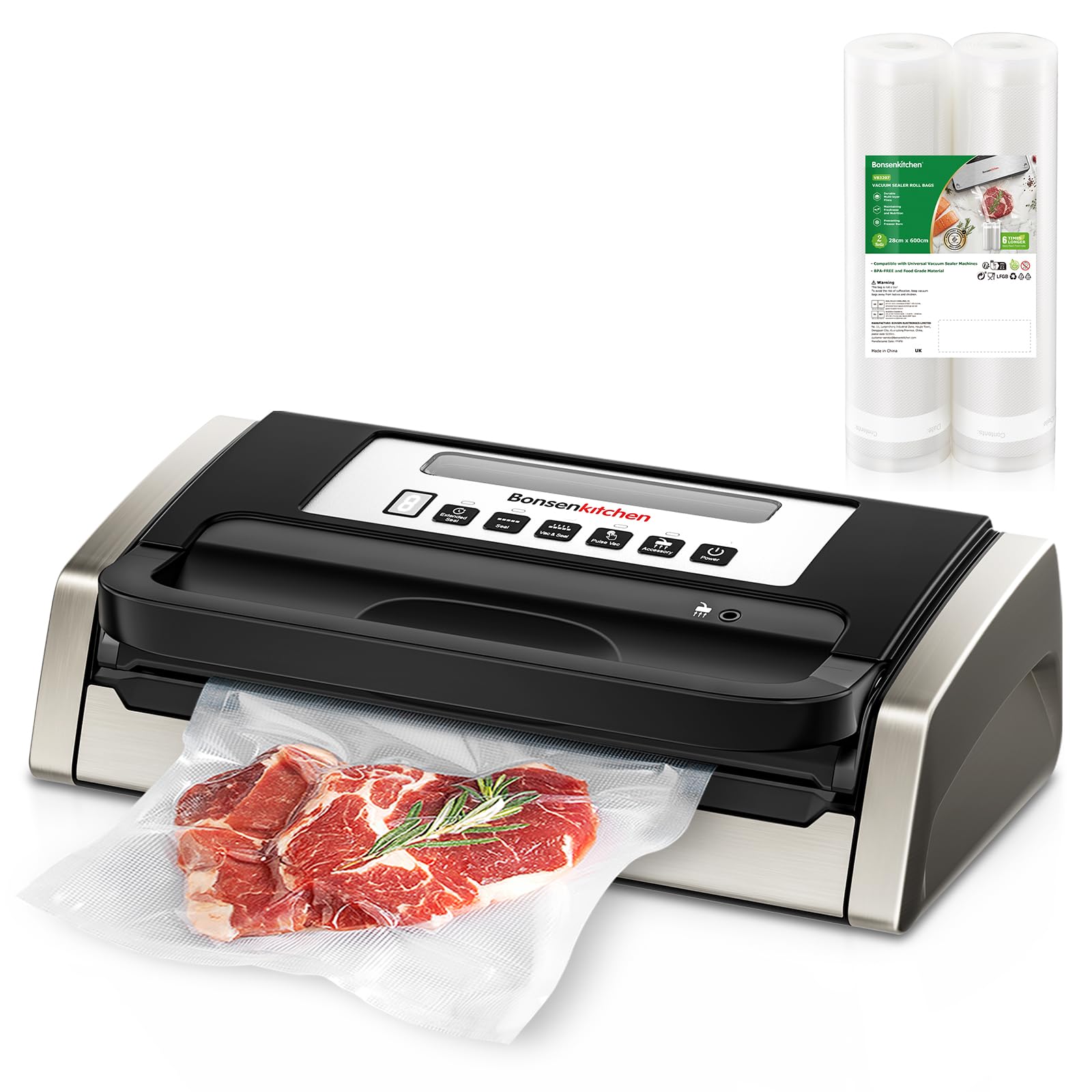 Bonsenkitchen Kit d'aspiration professionnel noir Aspirateur à vide haute performance 15L/min Lauréat du test Très bon Technologie Globefish + 2 rouleaux de film sous vide 28cm×6m sans BPA