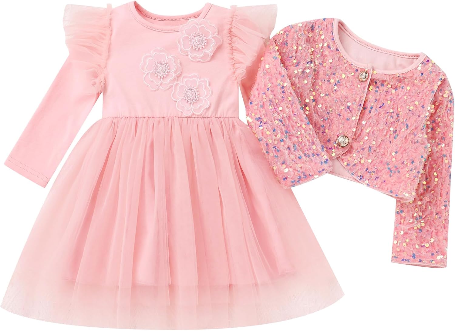FYMNSI Baby Girls Fall 1st Birthday Outfit Long Sleeve Floral Tulle Tutu Dress and Velvet Sequin Cardigan Bolero Shrug 2PCS