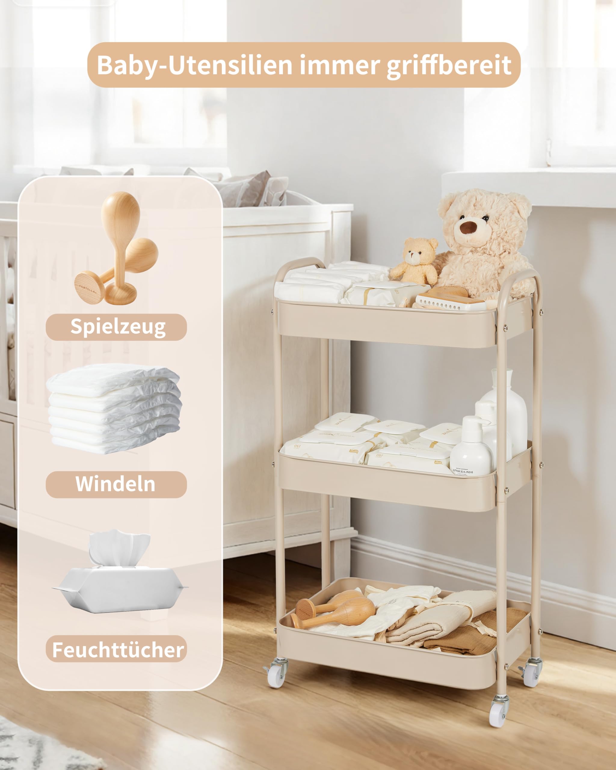 Fortella Wickeltisch Organizer Tragbar mit Rollwagen, für Baby Erstausstattung Neugeborene Wickeltasche und Newborn Baby Essentials, Auch als Servierwagen mit Rollen, Küchenregal Kleines Regal (Braun)