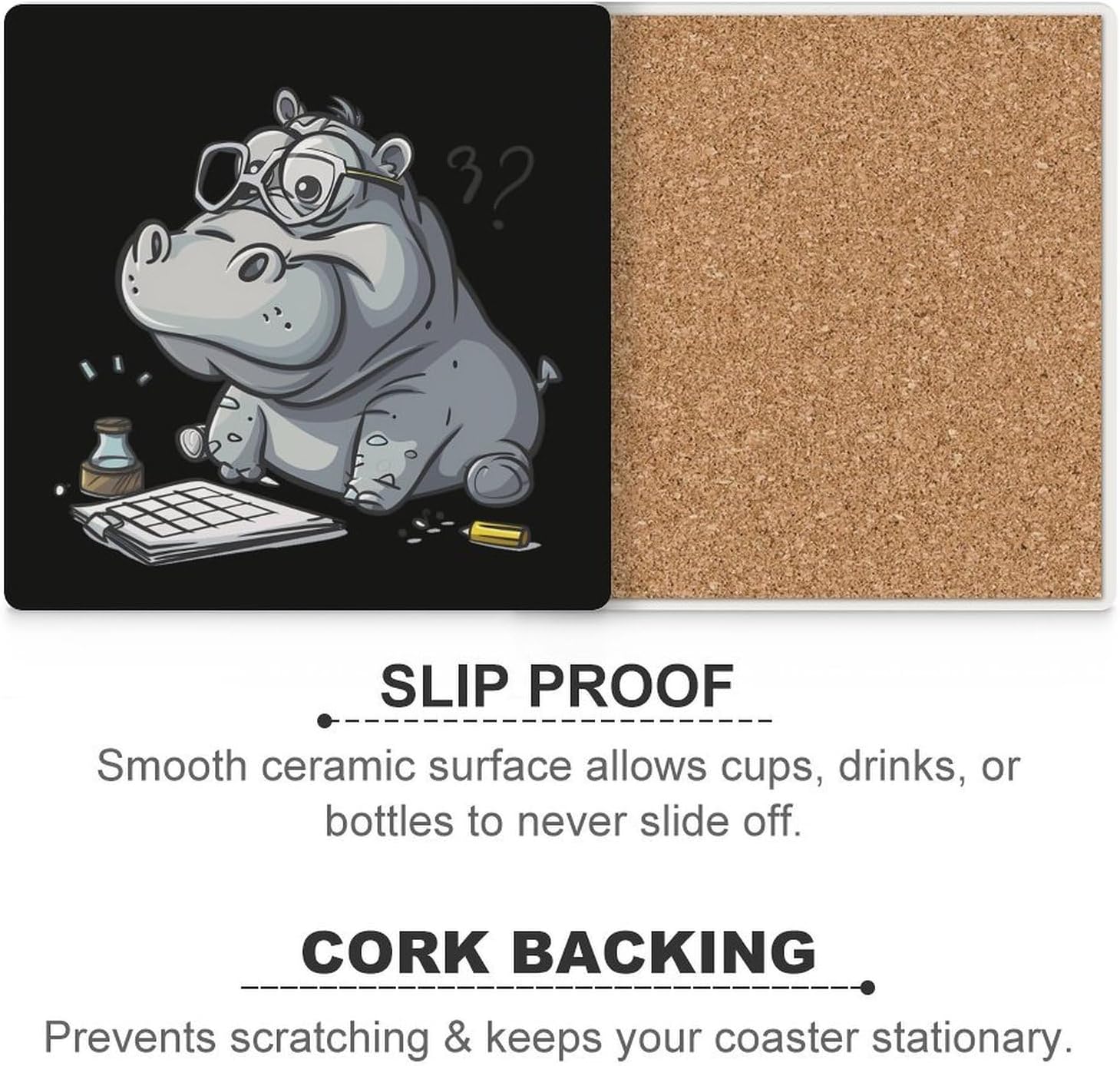 Math Hippo Coaster for Drinks Square Ceramic Table Coasters Stone Mat Crafts 6PCS Home Kitchen Decor