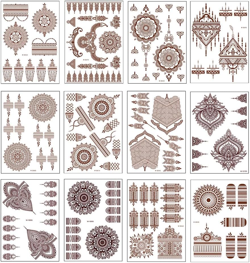 JZS Tattoo Templates, 12 Sheet Mandala Flower Temporary Tattoo Stickers for Women, Fake Tattoos Henna Stickers, Waterproof Red Ink Body Art Stickers(Brown)