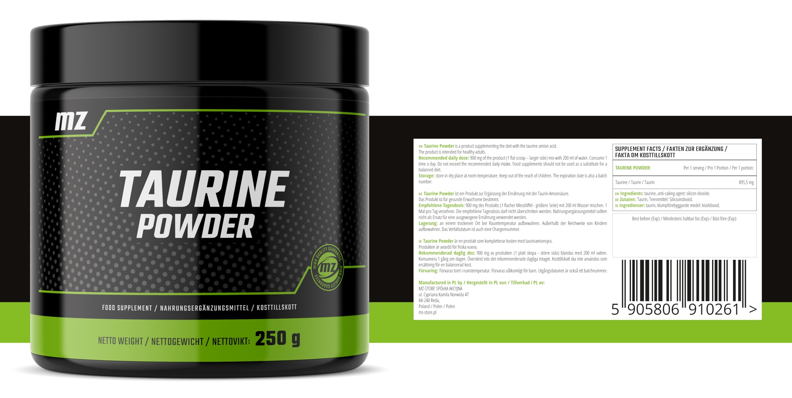 Taurina in polvere 250 g - Aminoacido Taurina 900 mg per porzione - 277 dosi per confezione - Integratore alimentare - da MZ