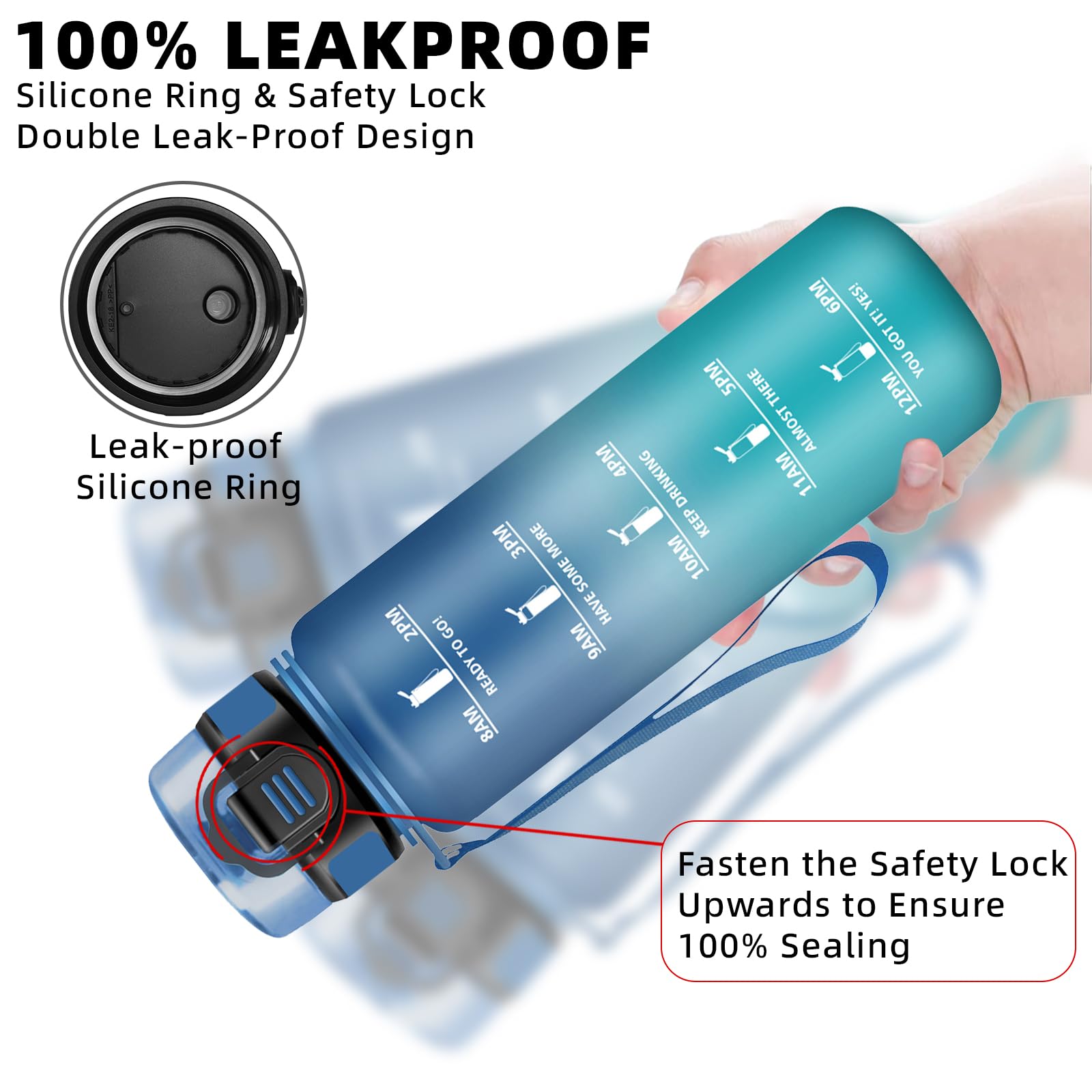 Borraccia Palestra, Borraccia 1 litro, Borracce Senza Perdite, Borracce Motivazionale, Facile da Trasportare, Bottiglia con Orari per Bere, Facile da Pulire, per Campeggio, Fitness, Yoga, Scuola