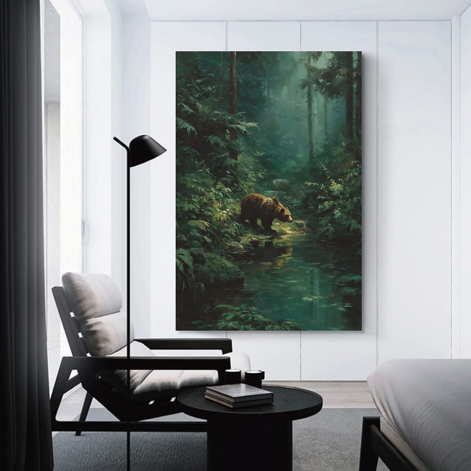 Junmoney Wall Picture Print Bear in A Misty Forest Stream, 20x30inch(50x75cm), for Living Room, Bedroom Or Home Office, Thoughtful Wall Decor for Art Lovers