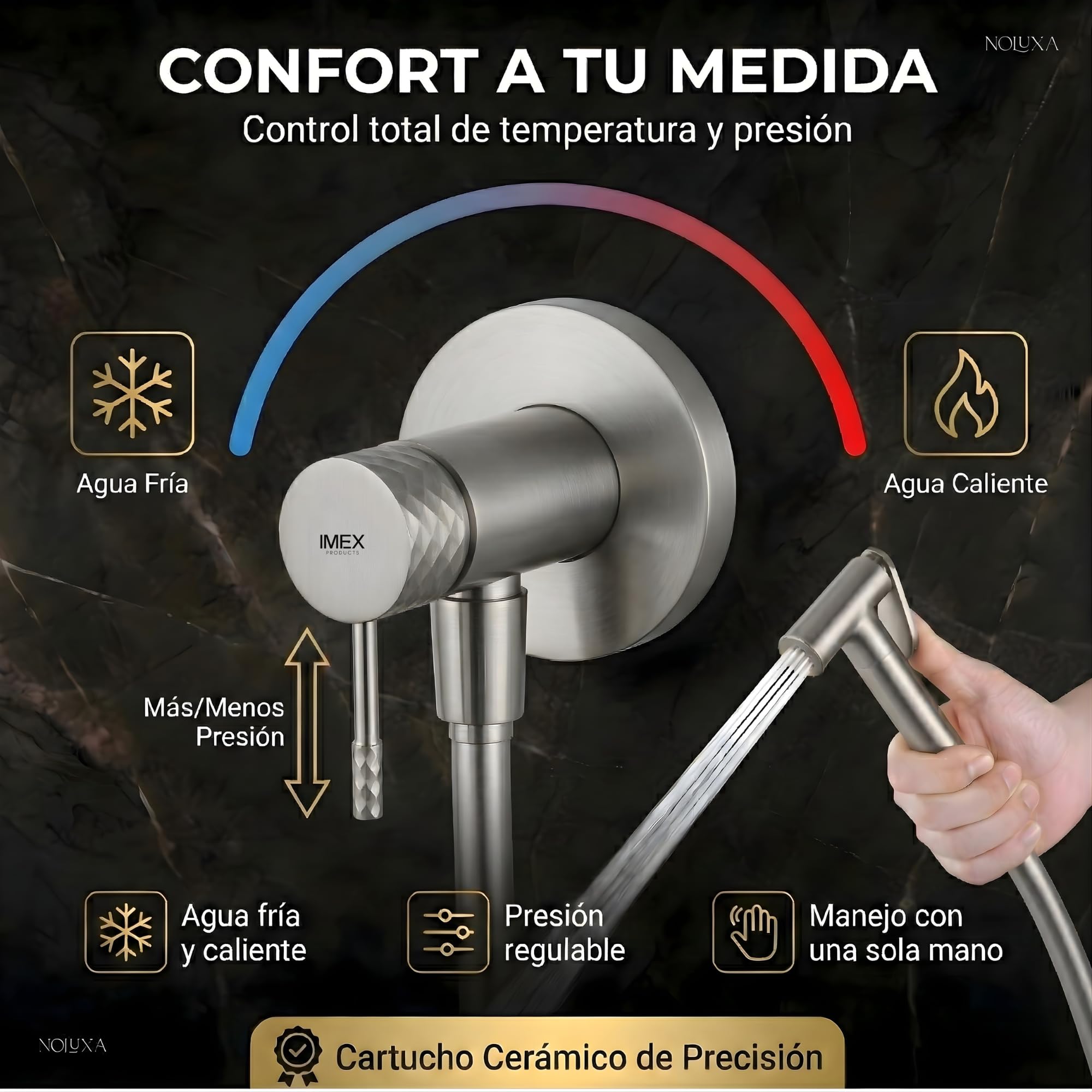 IMEX - Ducha Bidet Agua Fría y Caliente Color Níquel Cepillado | Grifo Bidet Empotrado para WC | Ducha Higiénica Monomando para Inodoro | Grifería Sustituto de Bidé | Serie Génova