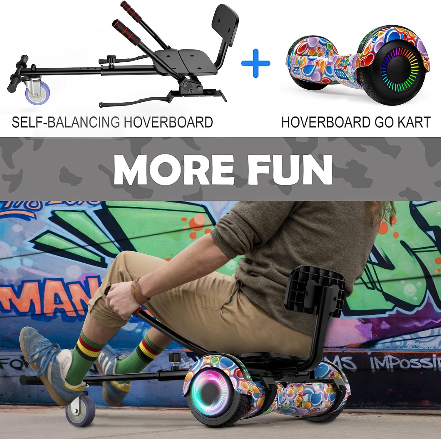 FLYING-ANT Hoverboard with Seat Attachment, 6.5” Self Balancing Scooter with Hoverkart, Hoverboards with Bluetooth and LED Lights, Best Gift for Kids and Teenagers,Shipping from USA
