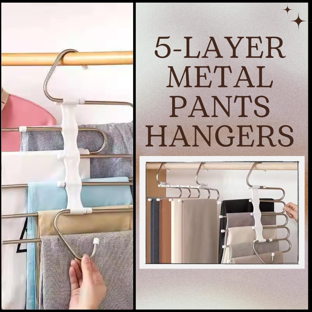 Homeroots 5-Layer Metal Pants Hangers - Rack Hanger Crafted Stainless Steel - Trouser Racks for Men & Women - Folding Clothes Space Saving & Non-Slip - Scarf Hanger for Organiser, Scarves, Jeans
