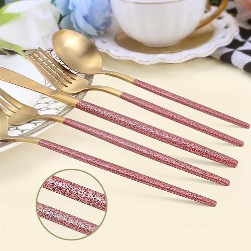 Miniatura 5 de Juego de cubiertos dorados con mango rojo, juego de cubiertos de acero inoxidable para 4, juego de utensilios de cocina de 20 piezas, incluye