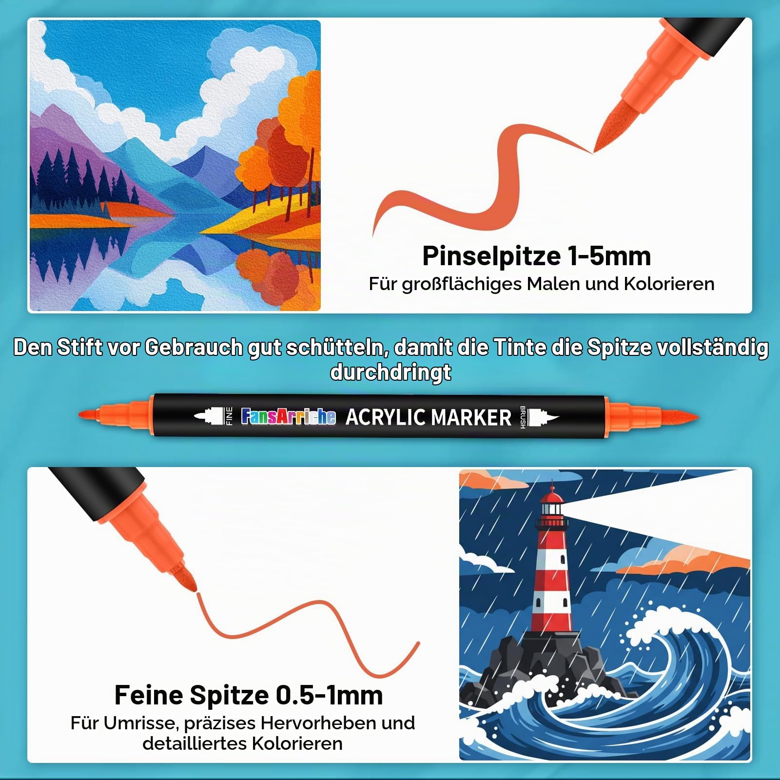 FansArriche 132 Farben Acrylstifte mit Doppelspitze,