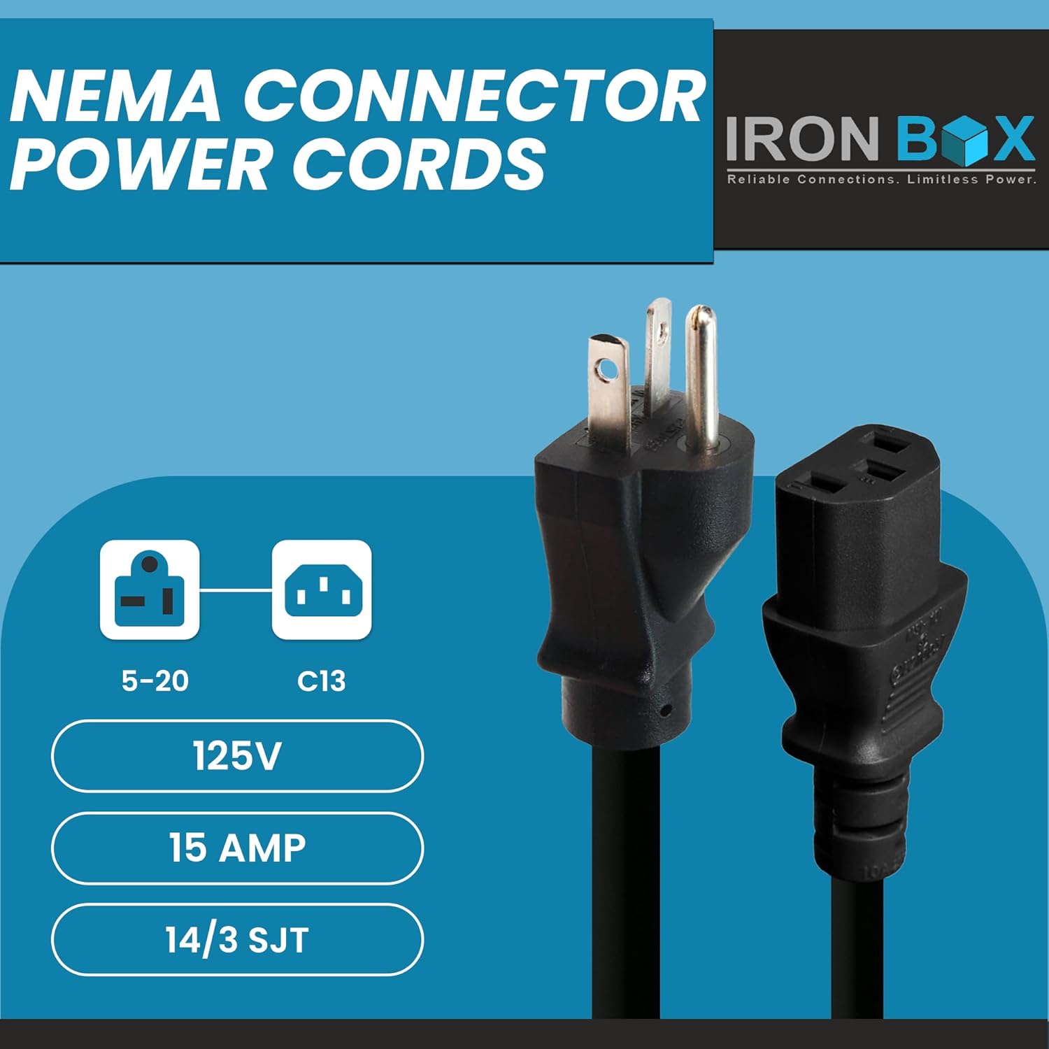 IronBox Electric NEMA 5-20 Plug to C13 Connector Power Cords, 15A, 125V, 14/3 SJT Jacket - Power Supply Replacement Cable - UL Listed Heavy Duty Cord for Computer, PDU, Monitor & More (12Ft, Molded)