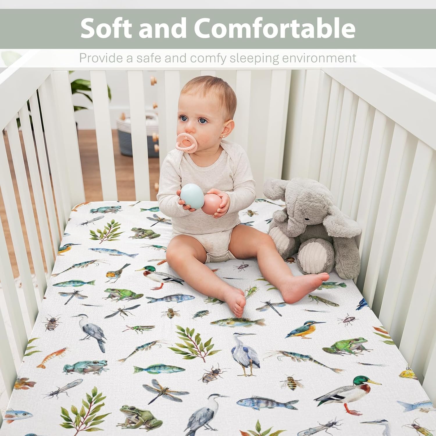 Outdoor Wildlife Pond Baby Crib Sheets for Boy Girl 52"x28" Mallard Duck Bird Frogs Fish Leaves Soft Snug Fitted Crib Mattress Cover Nature Landscape Baby Sheet for Standard Crib & Toddler Mattress