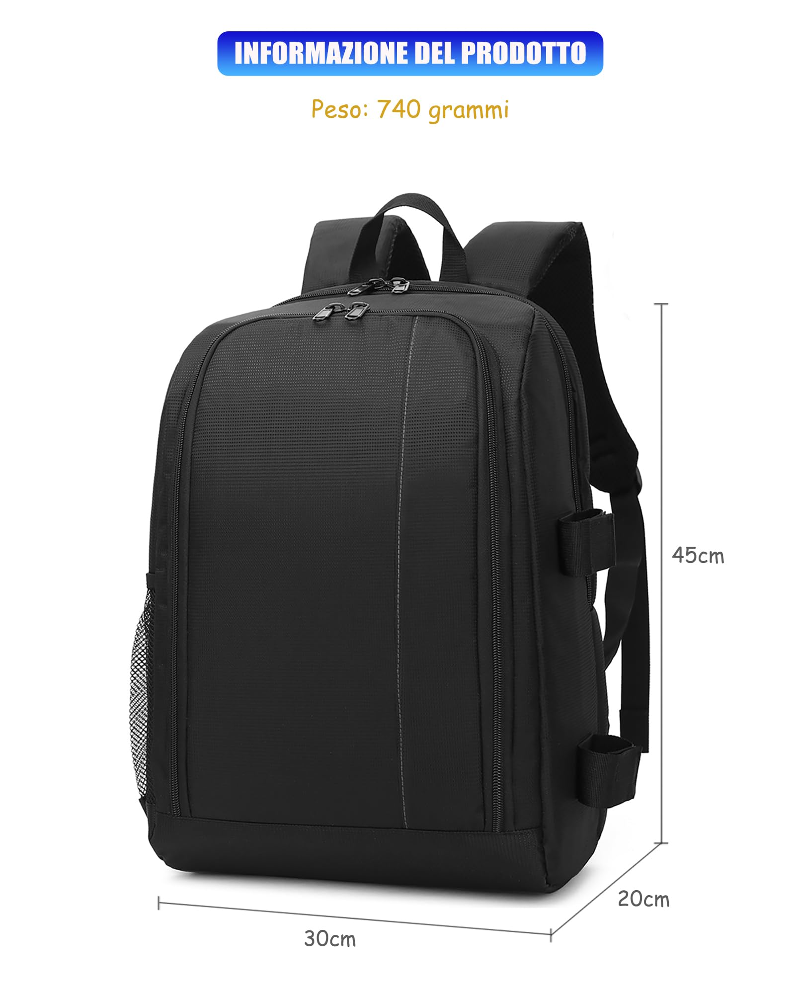 Zaino Fotografico Professionale per Reflex, 45x30x20cm, Borsa Fotografica Imbottita Impermeabile Grande per Fotocamera 3-4 Obiettivi, Laptop fino 15.6" (Nero-grigio)