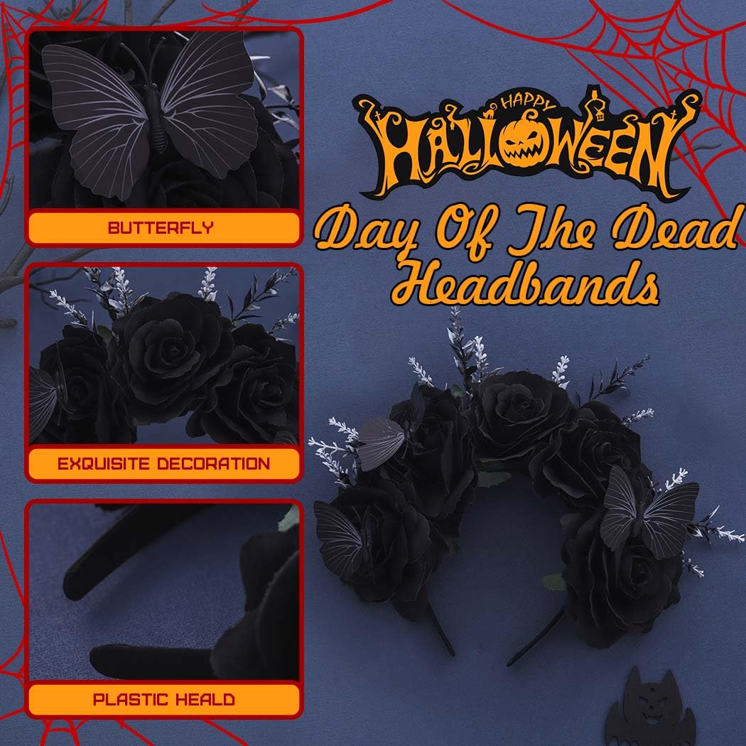 IYOU Day of the Dead Headband Black Rose Flower Hair Bands Butterfly Costume Headpiece Rave Carnival Festival Halloween Hair Accessories for Women - Image 4