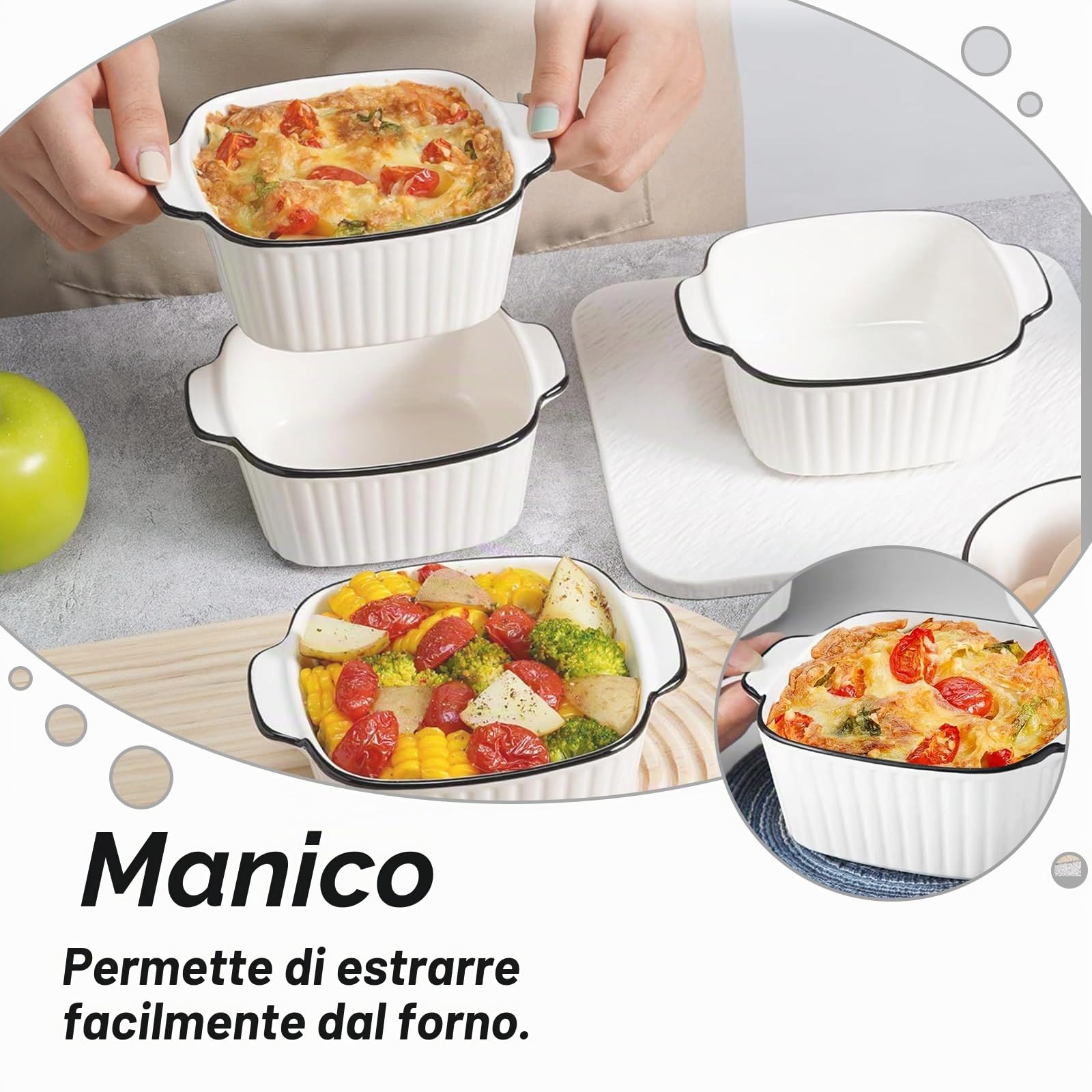 Teglia da forno in ceramica, 400 ml, set da 4 pezzi, piccole pirofile, con manici, 14,9 x 11,5 x 5,7 cm, piccola teglia in ceramica, per forno, microonde