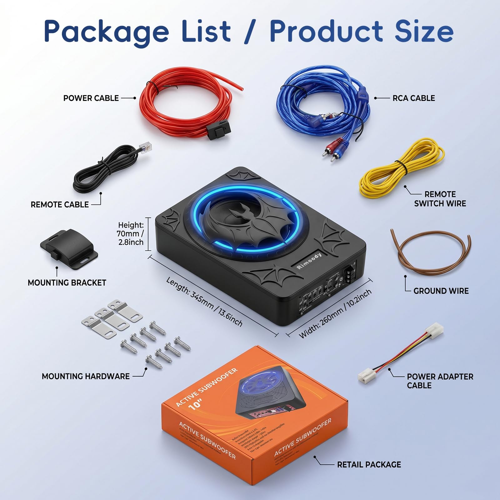 Rimoody Subwoofer Attivo a Progetto Piatto da 10 Pollici per Auto - 1200W Potenza Max, Bass Boost, Protezione Termica, Kit Montaggio Sotto Sedile LED Luci multiple