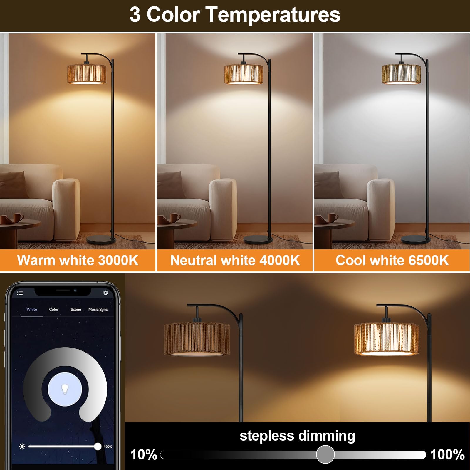 Lámpara de Pie RGB Regulable con APP y Mando a Distancia, Lámpara de Pie Inteligente Ratán Boho con Temporizador, Modo Música y DIY, Bombilla E27 Incluida, para Salón Dormitorio Oficina
