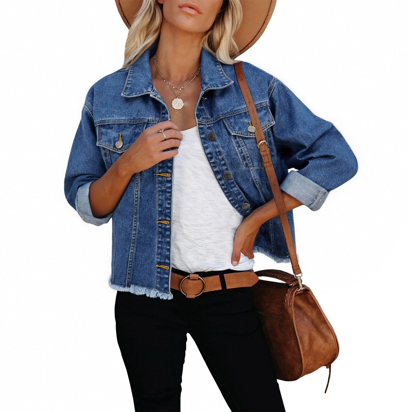 LONGBIDA Women's Jean Jacket Frayed Washed Button Up Cropped Denim Jacket