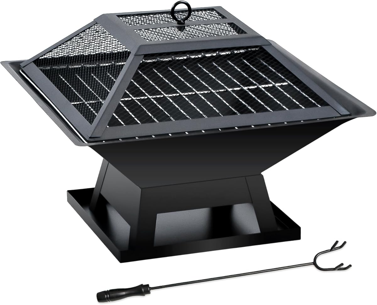 Amazon.com : Quilushey 19.8inch Portable Small Fire Pit with a Removable Ash Pan, Fire Poker, Mesh Lid, 2 in 1 Square Outdoor Fireplace for BBQ, Outside Heating, Bonfire Party, Camping, Backyard, Patio, RV Trip