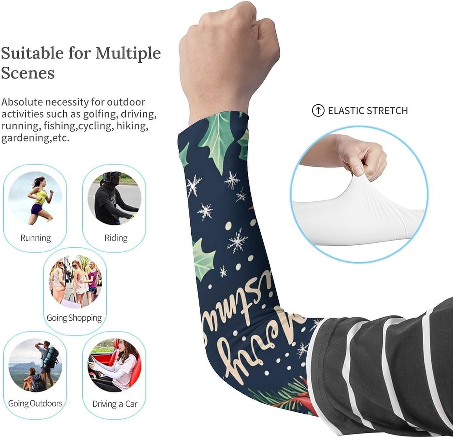 Merry Christmas Snowflake Holly Arm Sleeves Cooling Sun Protection Sports Compression for Golf Basketball