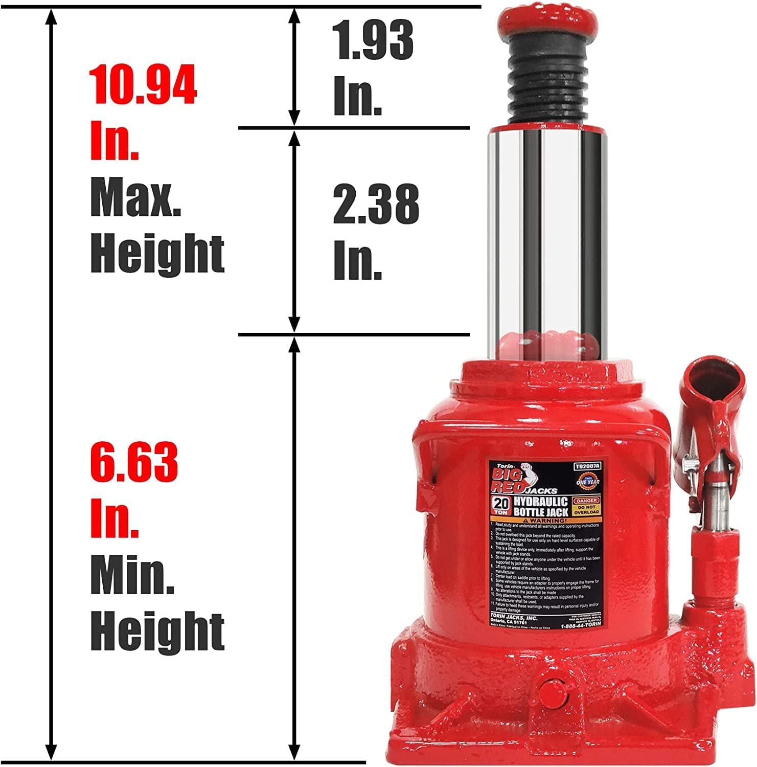 Big RED TAM92007A Torin Hydraulic Stubby Low Profile Bottle Jack, 20 Ton (40,000 lb) Capacity, Red