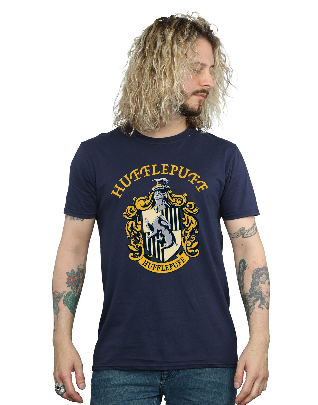 Absolute Cult Men's Navy Blue Harry Potter Hufflepuff Crest T-Shirt Medium
