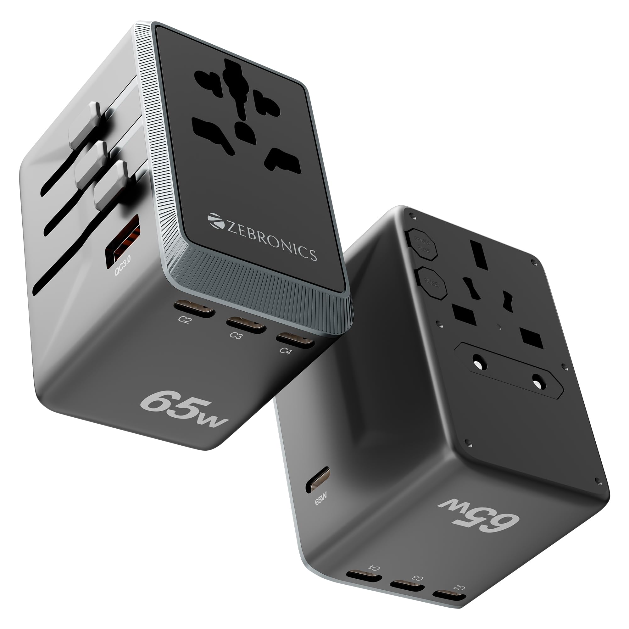 Zebronics 2500W All-in-One Travel Adapter, Upto 10A, USB-A, 3xType-C, Type-C PD 3.0, Universal Socket, Swappable Pins for EU|KR|UK|US|JP|AUS|CN, for Mobile, Tablet, & Laptop (Travmate 650)-image-1