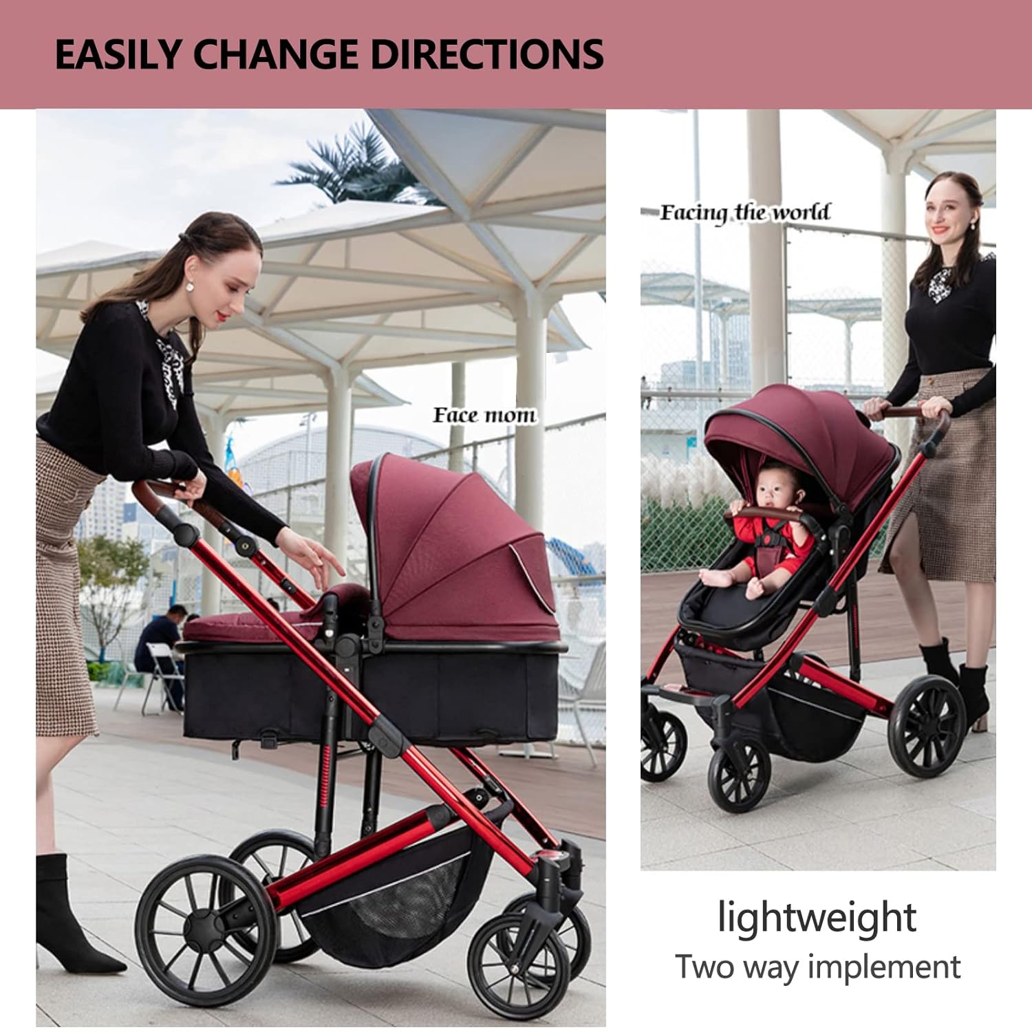 5 in 1 Baby Stroller,Reversible Infant Pushchair, Compact Fold Baby Stroller, Two-Way with Reversible Seat Design, with Aluminum Frame, Large Seat Area, Extra Large Storage Basket(Color:Black)