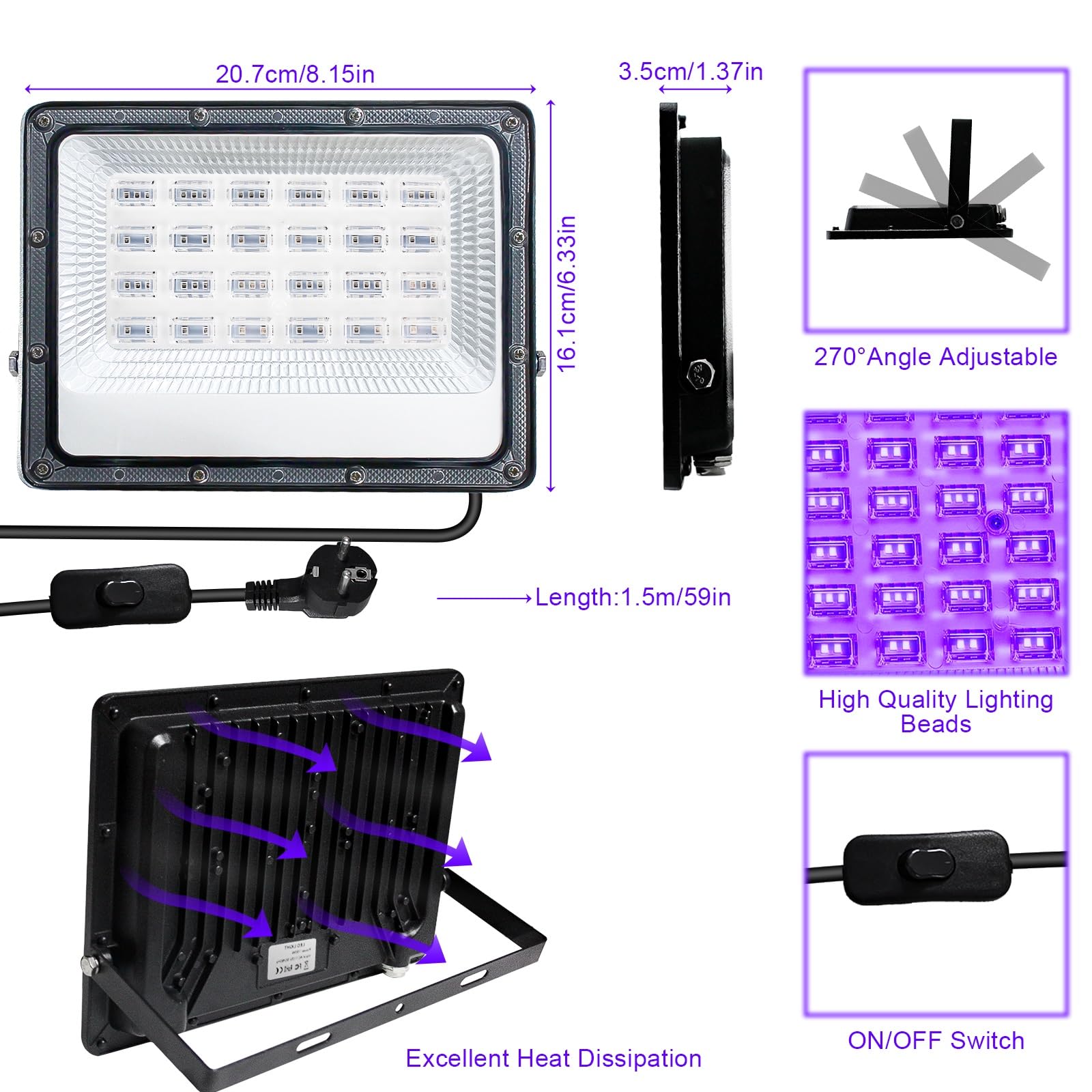 CREATESTAR LED Luce Nera 50W, Faro UV LED IP66 Impermeabile Faretto UV, Lampada per Poster Fluorescente, Halloween, Festa Glow, Discoteca, Acquario, Bar