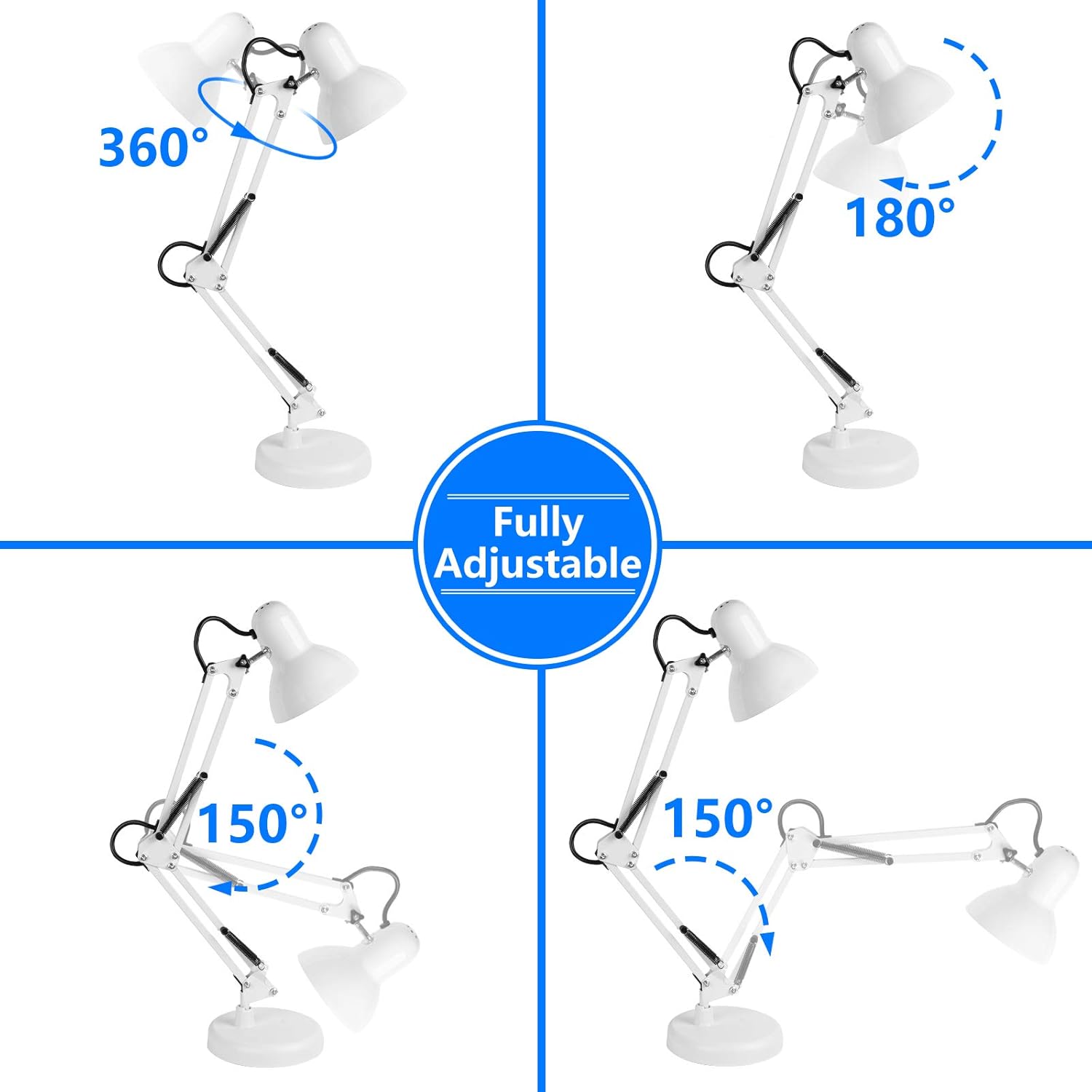 AmeriTop Metal Desk Lamp, Adjustable Swing Arm Table Lamp with Interchangeable Base Or Clamp; Eye-Caring Desk/Clip Reading Lamps for Bedroom, Study, Office (White) thumbnail