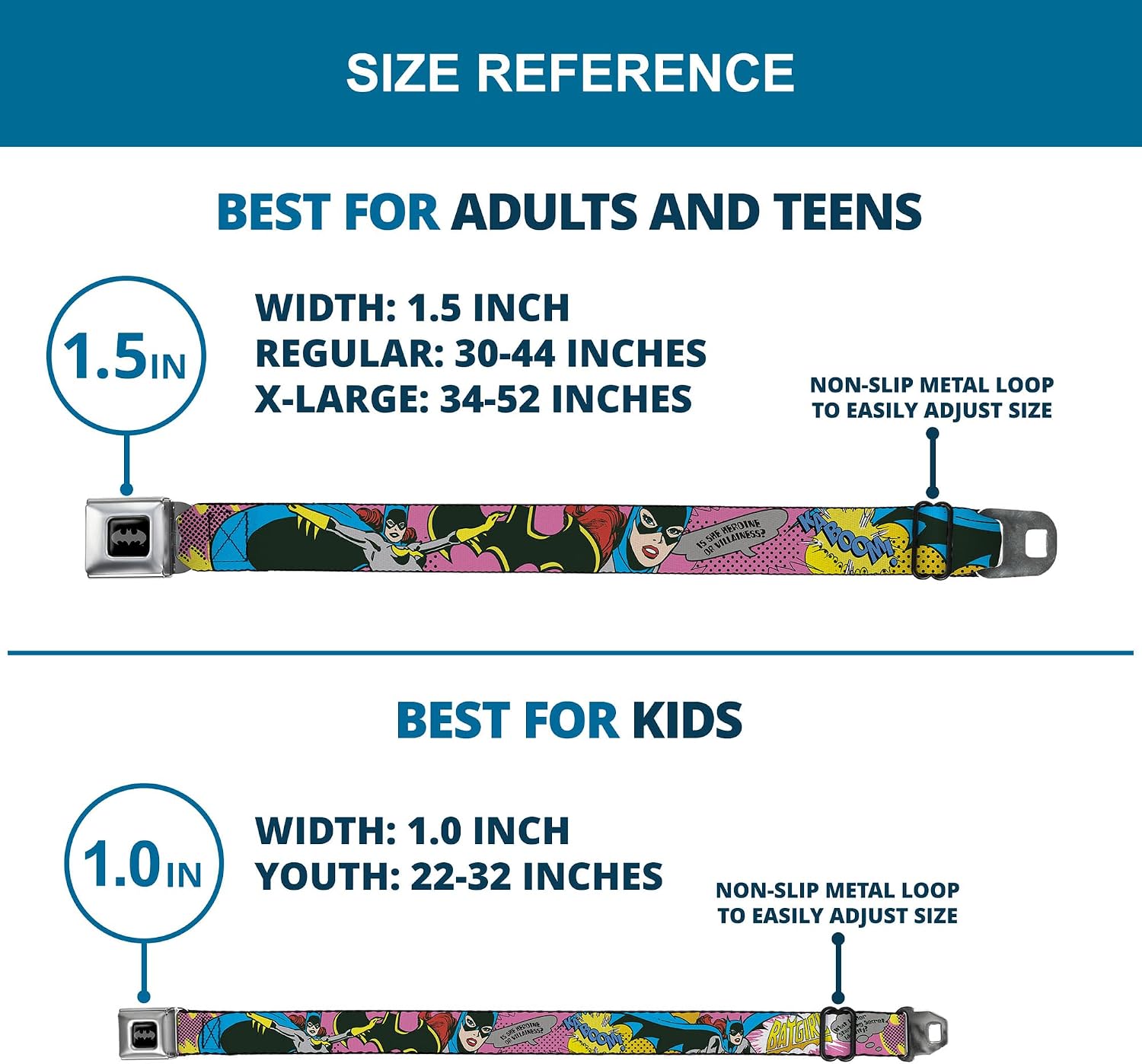 Buckle-Down Seatbelt Belt - BATGIRL-IS SHE HERO OR VILLAIN? w/Batgirl in Action - 1.0" Wide - 20-36 Inches in Length