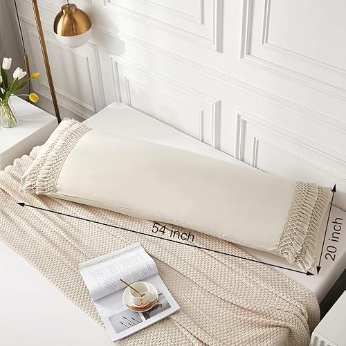 Miniatura 5 de MOVE OVER Funda de almohada corporal con borla beige de 20 x 54 pulgadas, estilo bohemio, elegante, con borlas de macramé, con cierre de bolsillo