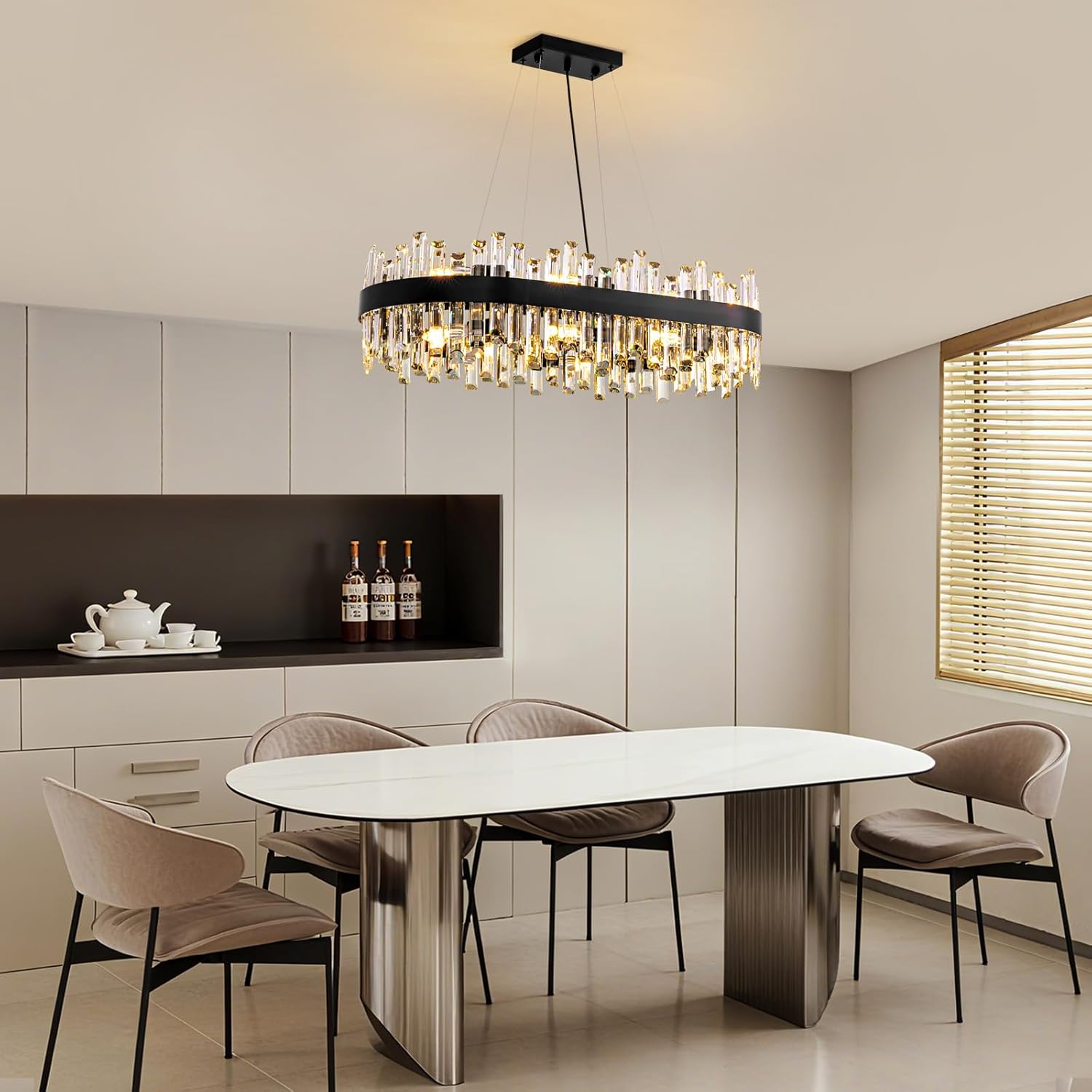 Modern Black Crystal Chandelier, 16-Light Rectangular 2-Tiers K9 Crystal Raindrop Chandelier, Luxury Flush Mount Hanging Ceiling Light for Dining Room Living Room Kitchen Island L35.4''