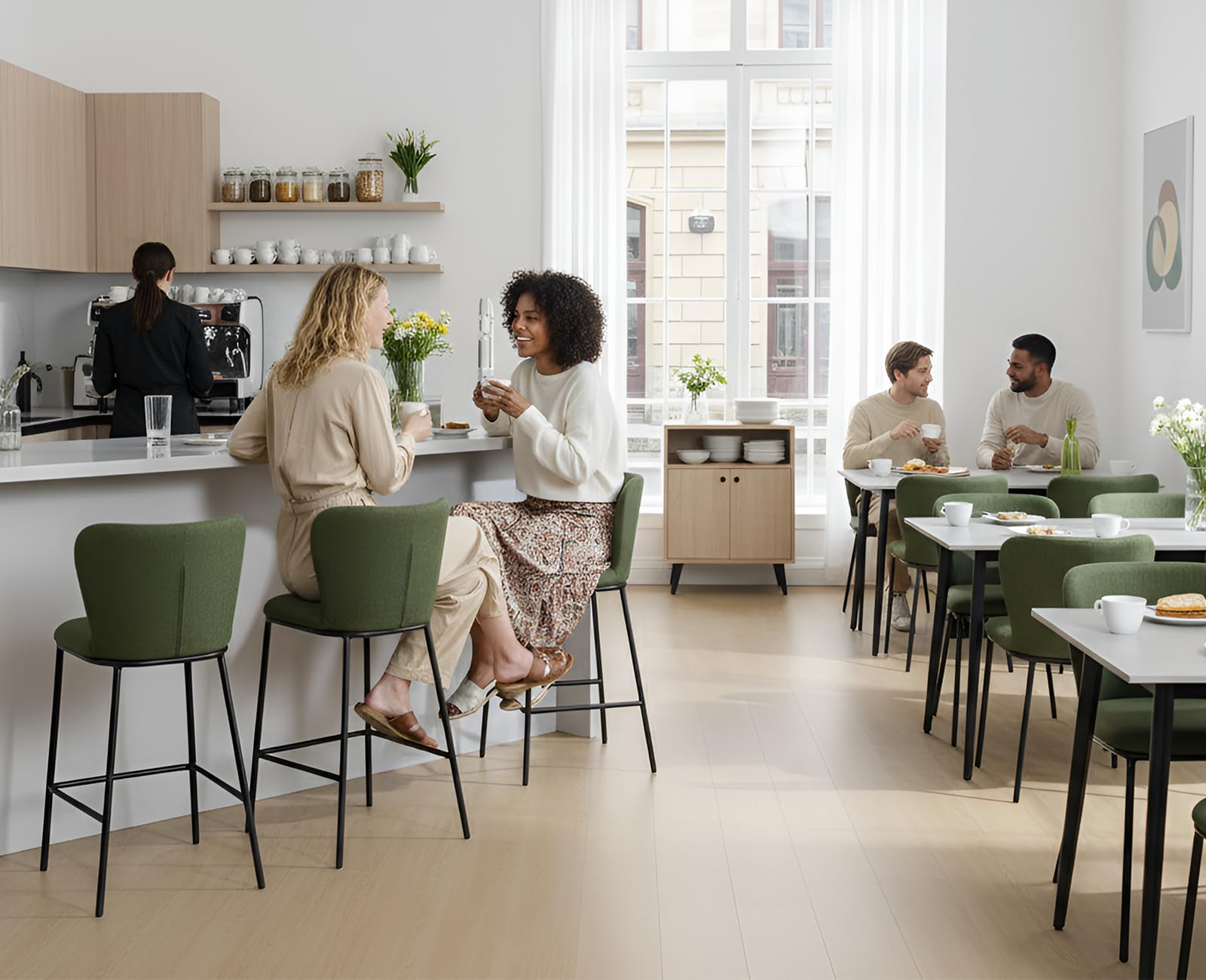 chairus Set di 2 Sgabelli da Bar in Tessuto di Lino Sgabelli Cucina Moderni Design con Schienale Sgabelli Imbottiti con Gambe in Metallo Sgabelli Alti per Penisola/Bar/Cucina, Verde