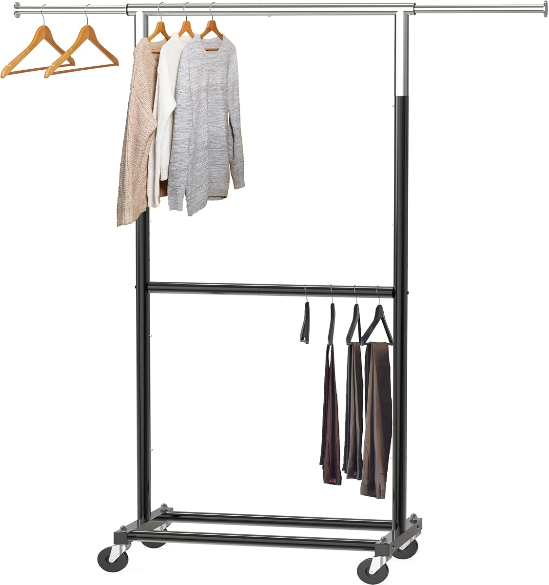 Perchero ajustable de doble varilla para ropa, negro | Ancho extensible de 30 a 48 pulgadas