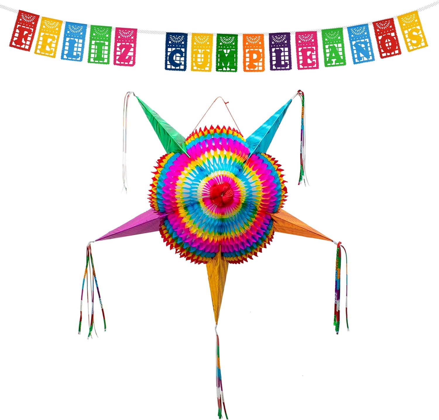 Mexican Piñata (Large 32 inches) + Feliz Cumpleanos Banner - Authentic Handmade Foldable Large Pinata - Feliz Cumpleaños Banner - Fiesta Birthday Party Decorations