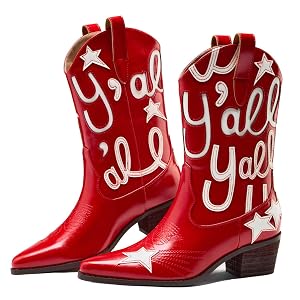 Metallic Cowboy boots for Women Embroidered Mid Calf Womens Cowgirl Boots Western Pointed Toe Chunky Heel