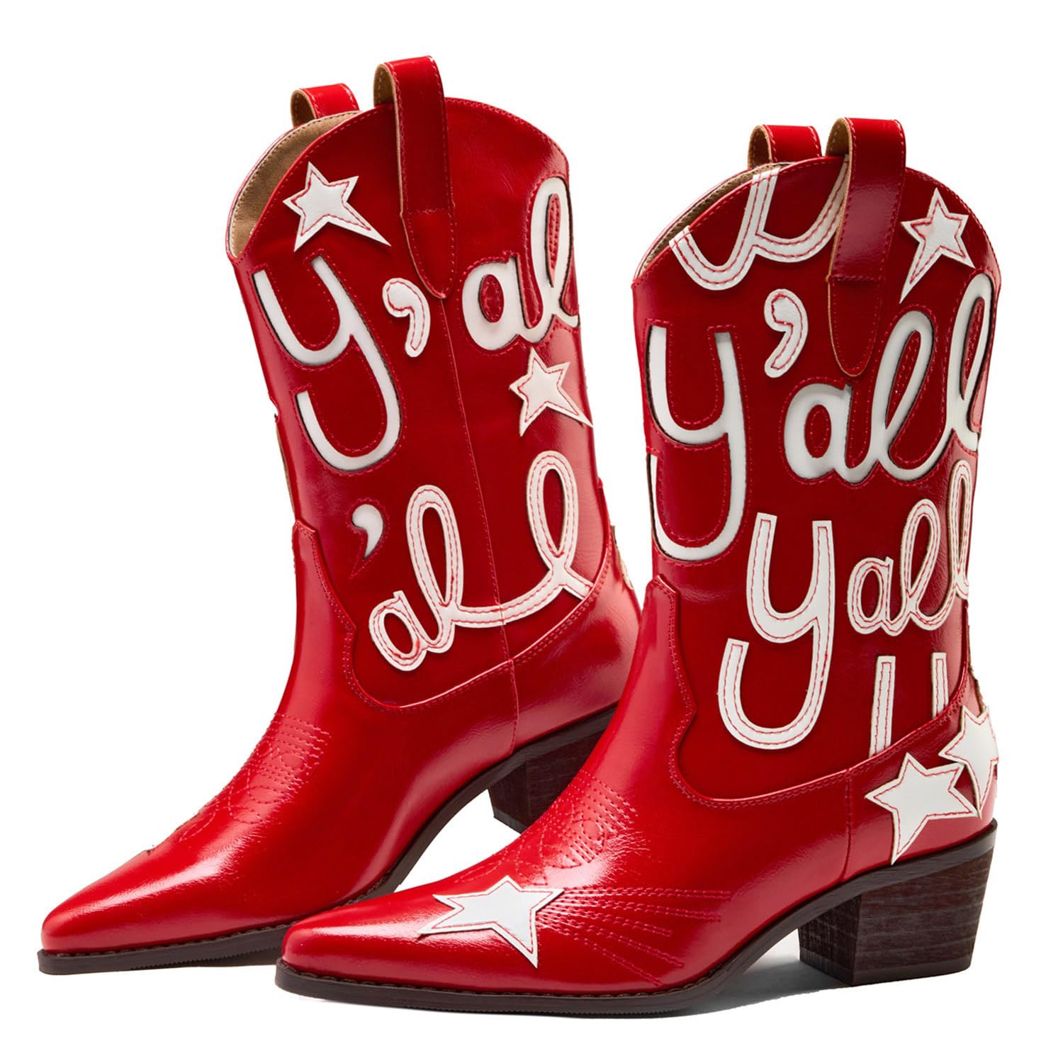Metallic Cowboy boots for Women Embroidered Mid Calf Womens Cowgirl Boots Western Pointed Toe Chunky Heel
