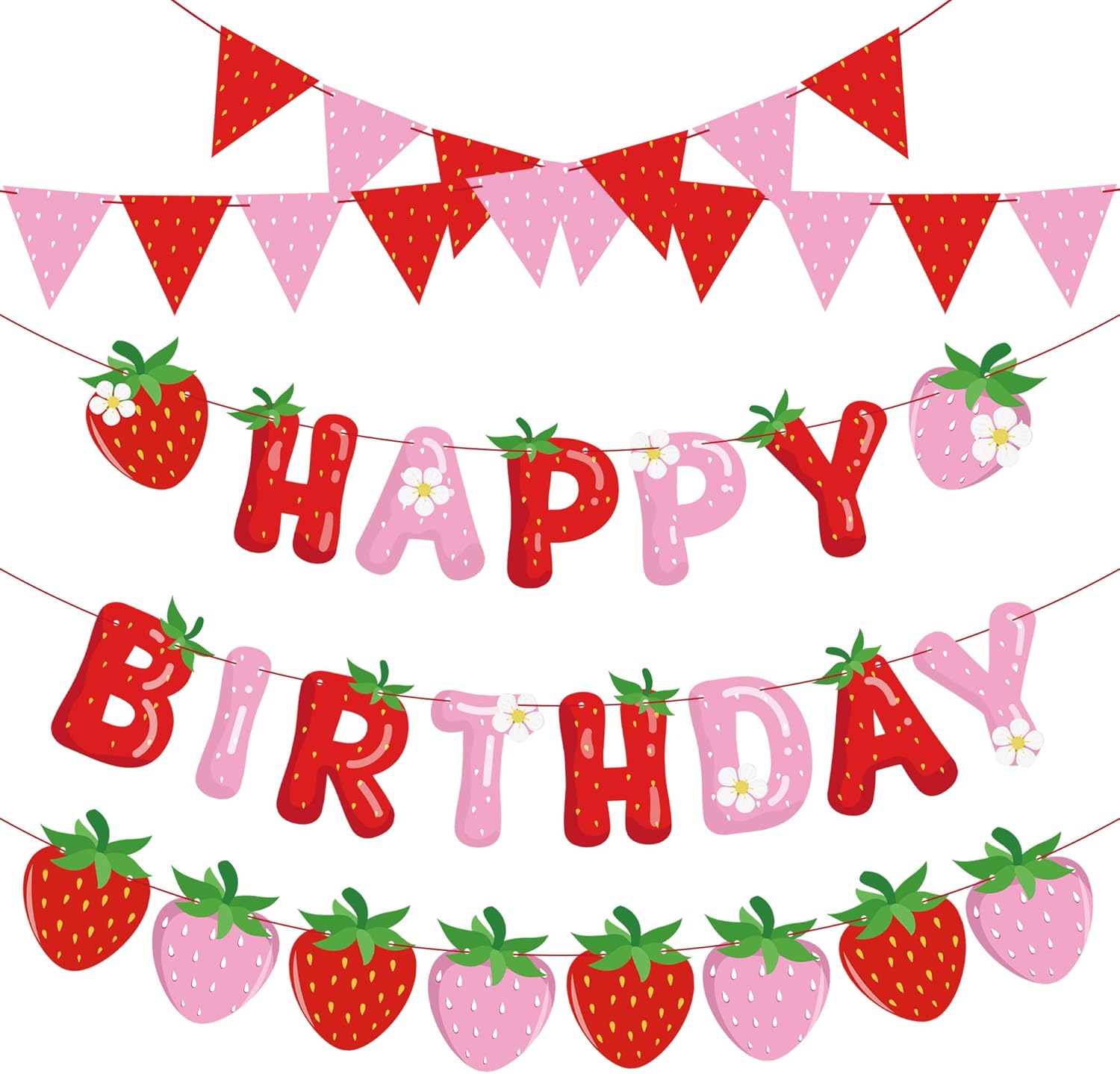 5 Packs Strawberry Happy Birthday Banner Strawberry Themed Paper Garland Red Pink Pennant Flags Bunting Banners Berry Sweet Birthday Party Decorations for Girls Birthdays Party Decor