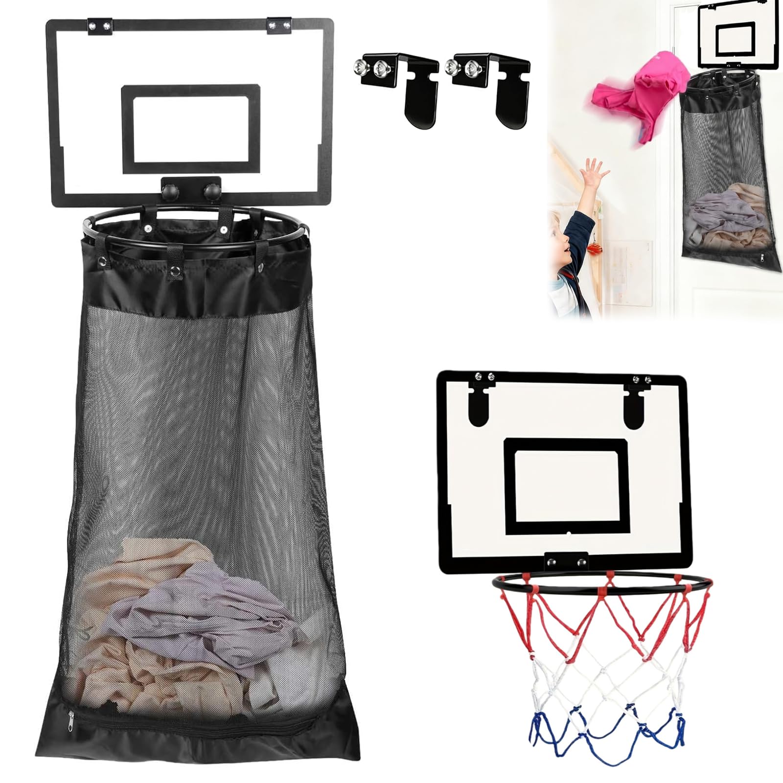 Basketball WäSchekorb, 2 in 1 Basketball Hoop Laundry Basket for Hanging on The Door with Wooden Back Panel Korb Netz, HäNgender WäSchekorb für Badezimmer und Schlafzimmer (A)