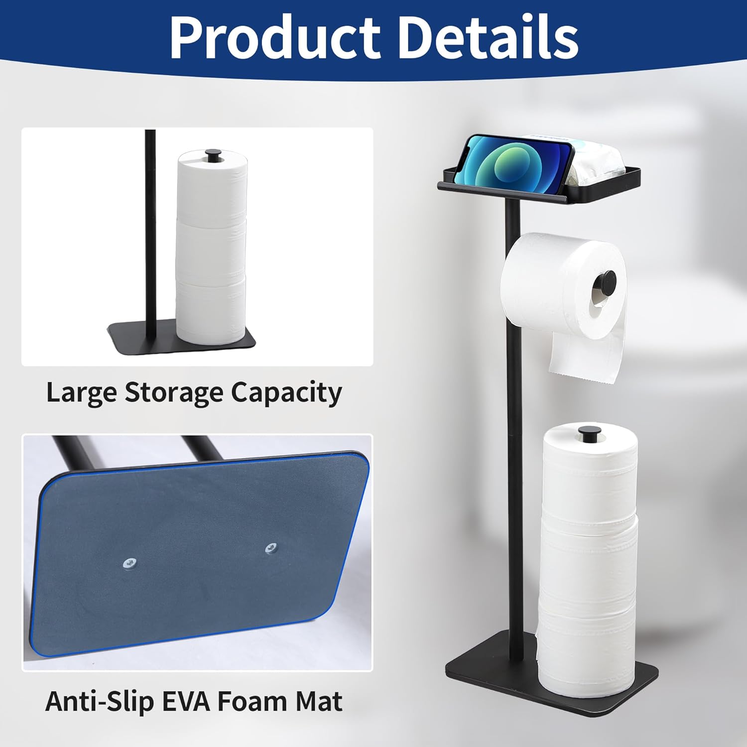 Toilet Paper Holder Stand with Phone Shelf, Rustproof Free Standing Toilet Paper Stand for 4 Rolls, Toilet Roll Dispenser Storages for Phones, Wipe, Wallet and Small Items, Black