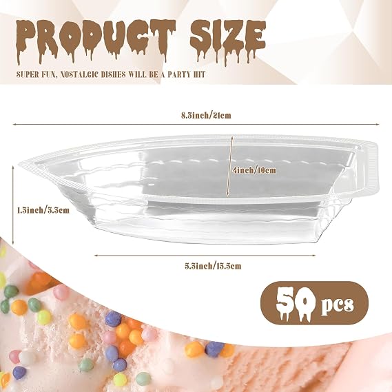 50 Pack Disposable Banana Split Boats, 8 oz Ice Cream Bowls