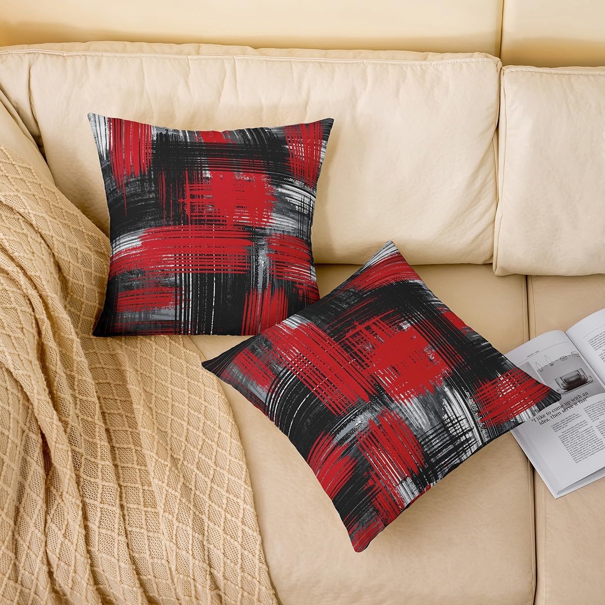 jejeloiu Abstract Pillow Covers 24x24 Set of 2 Modern Abstract Art Decorative Throw Pillow Covers Cases Home Decor Red Black Grey Pattern Cushion Case for Couch Sofa Outdoor