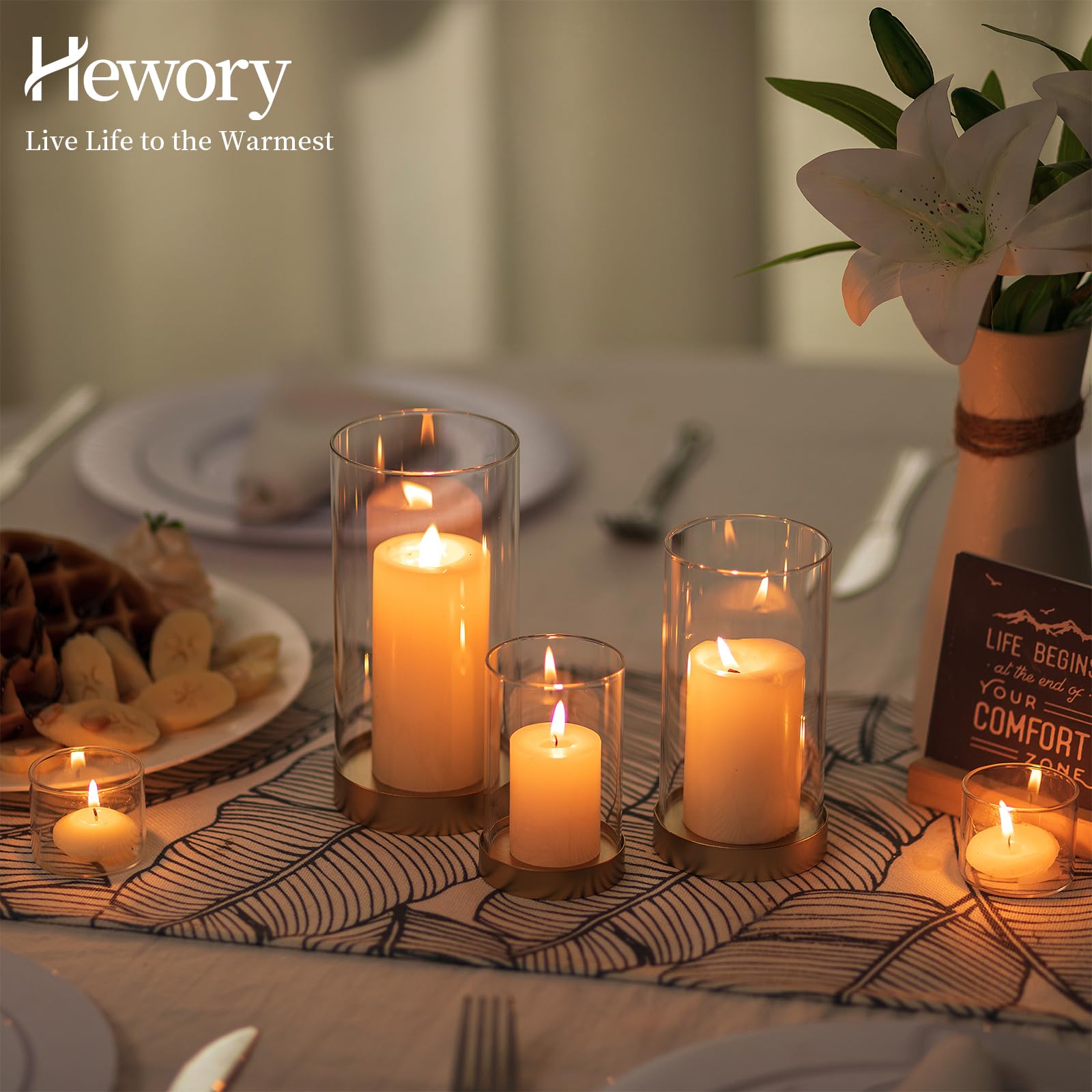 Hewory Hurricane Candle Holder Gold : Lot de 12 photophores en Verre pour Bougies piliers, Lanterne décorative avec Plateau en métal pour Le Salon, la Salle à Manger, la Table Centrale