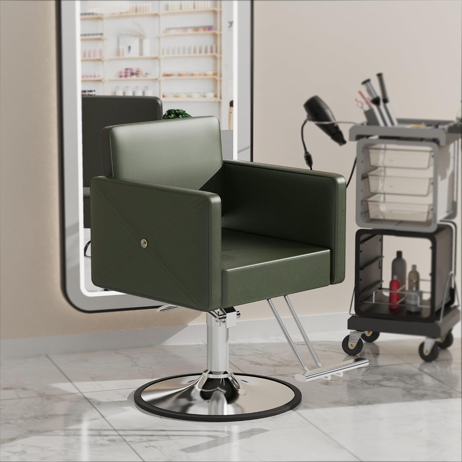Barber Chair, Salon Chair for Hair Stylist, Hair Salon, 360 Degrees Swivel Styling, Height Adjustable Hydraulic Shampoo Chair (Dark Green)