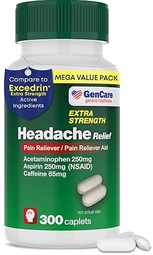 GenCare - Headache Relief Acetaminophen with Aspirin (NSAID) & Caffeine (300 Caplets) Value Pack | Head Pain, Muscle Aches, Back Pain & Body | Generic ExcedrEn Extra Strength - 300 Count (Pack of 1)