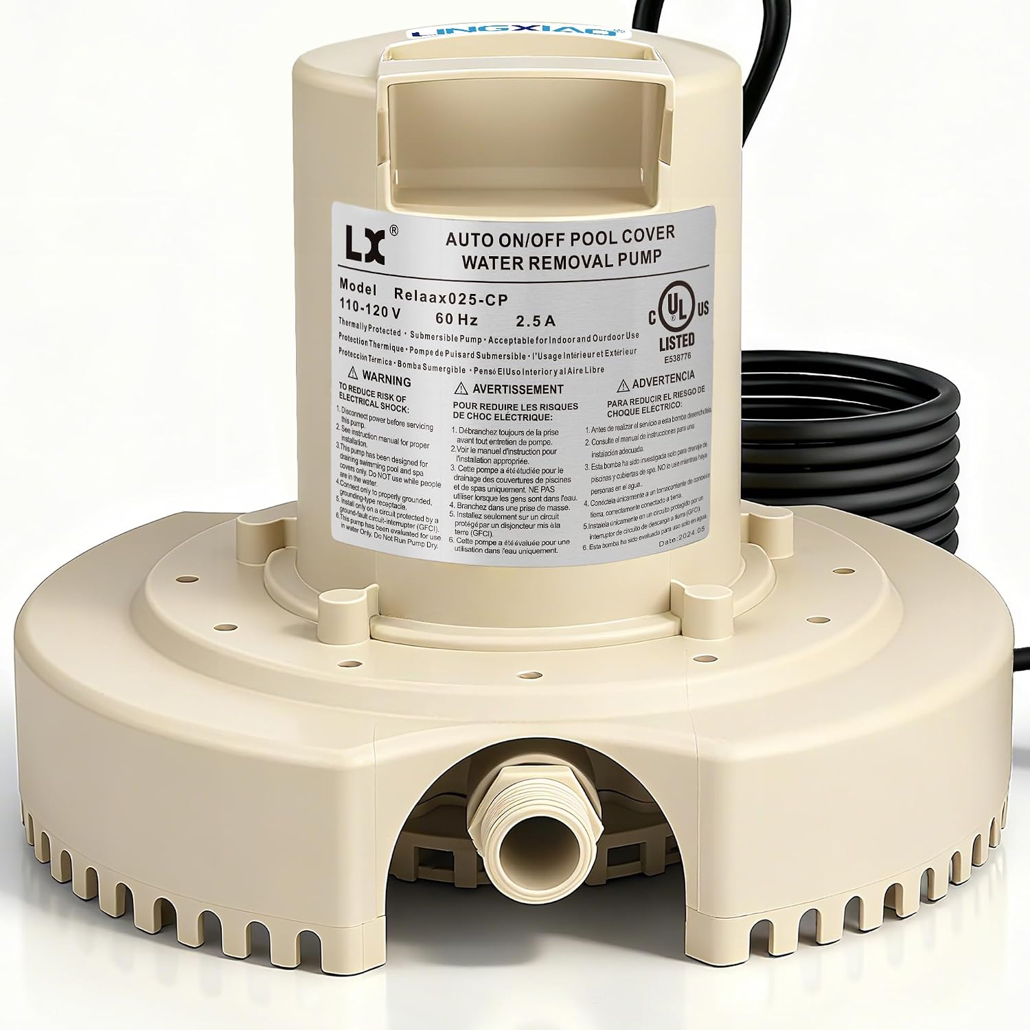 Automatic Pool Cover Pump 115V,1/4HP, 1860GPH Submersible Water Removal Pump for In/Above Pool Covers, 3/4" Garden Hose Adapter, Plug-and-Play, UL Certified and With 25Ft Cord