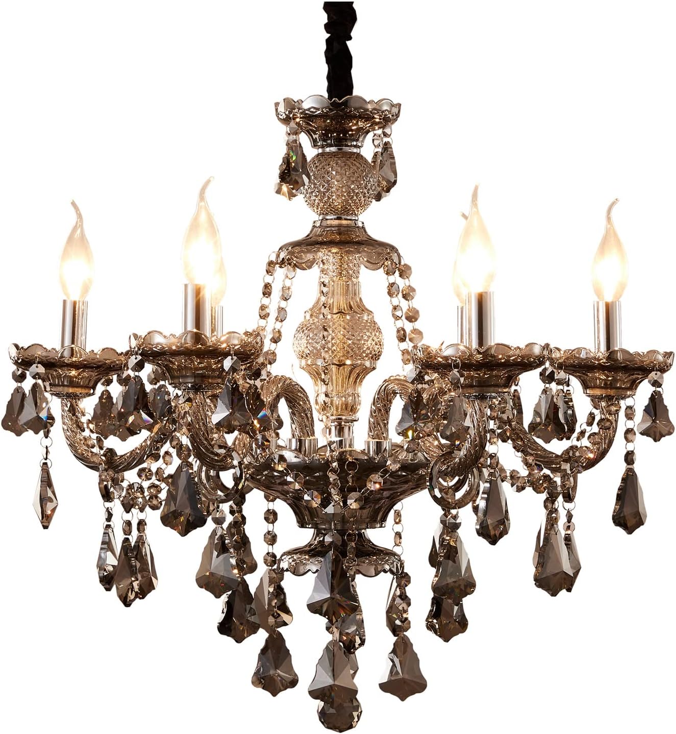 Modern Crystal Chandelier 6 Light Smoke Gray Crystal Chandelier Lighting Ceiling Hanging Crystal Light Fixtures for Living Room Dining Room Bedroom