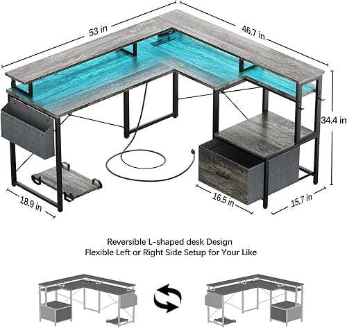 Vista 3 de L Shaped Desk with Power Outlet and LED Strip, Reversible L Shaped Computer Desk with File Drawer, Corner Desk for Gaming Writing, Home Office Desk