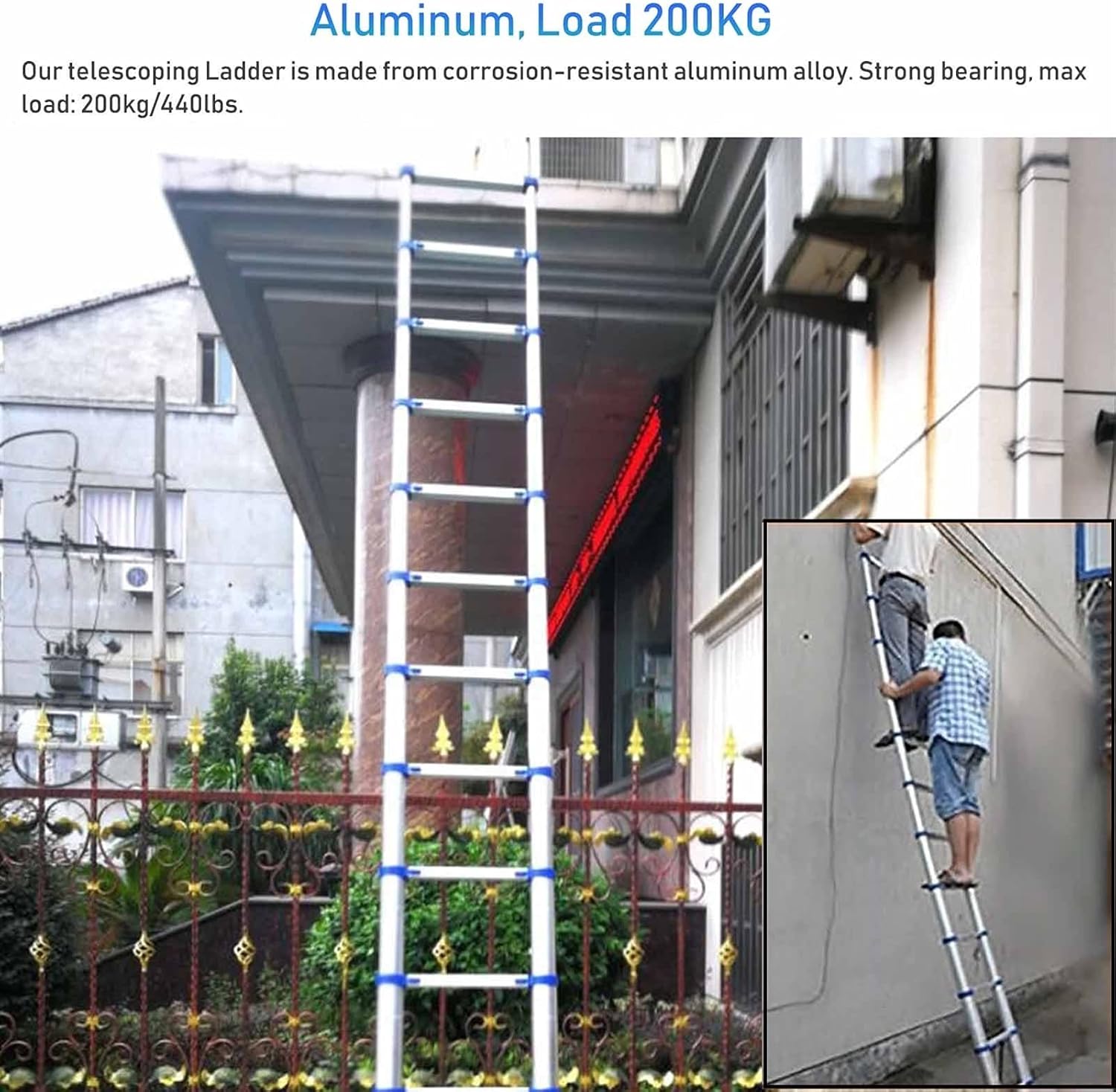 Telescoping Ladder Aluminum Extension Folding Step Ladder with Removable Rotating Hook,Portable Heavy Duty Telescoping Retractable Ladder for Outdoor,Load 200kg,Blue